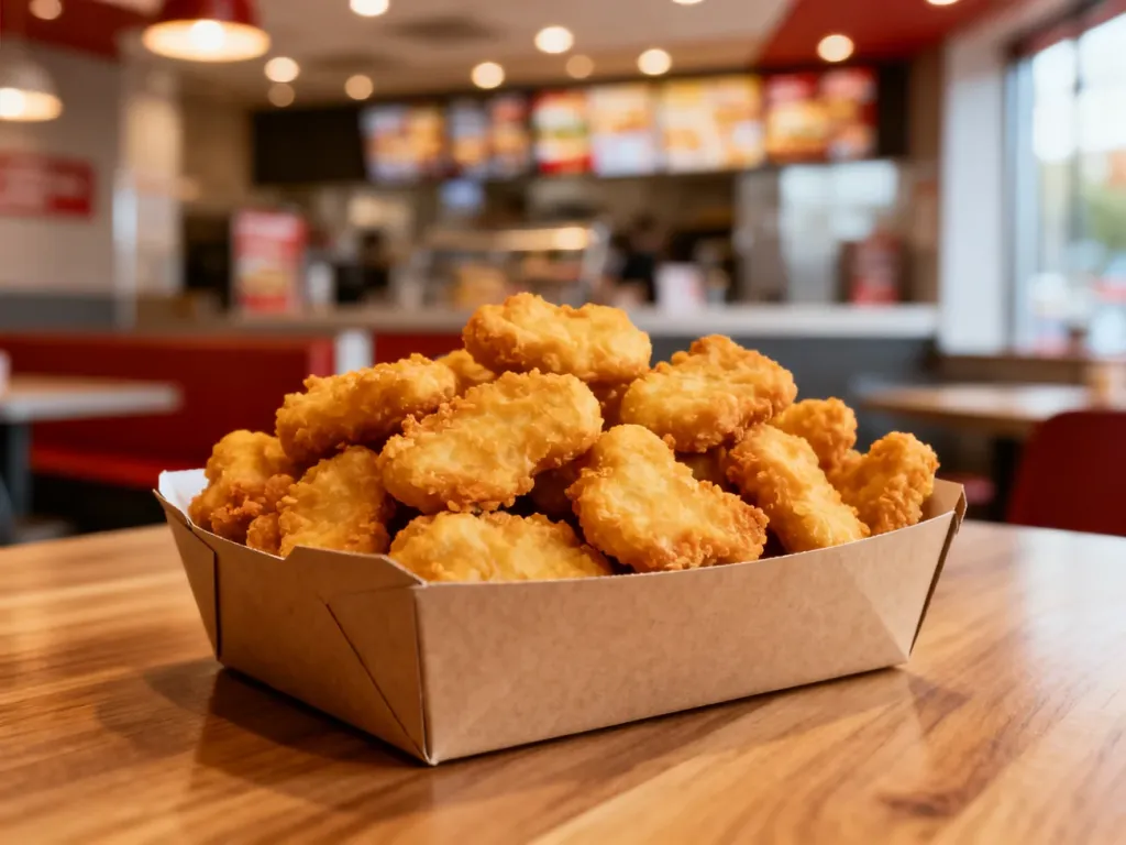 Złociste, chrupiące nuggetsy z kurczaka podane w kartonowym pudełku na drewnianym stole w restauracji McDonald’s.