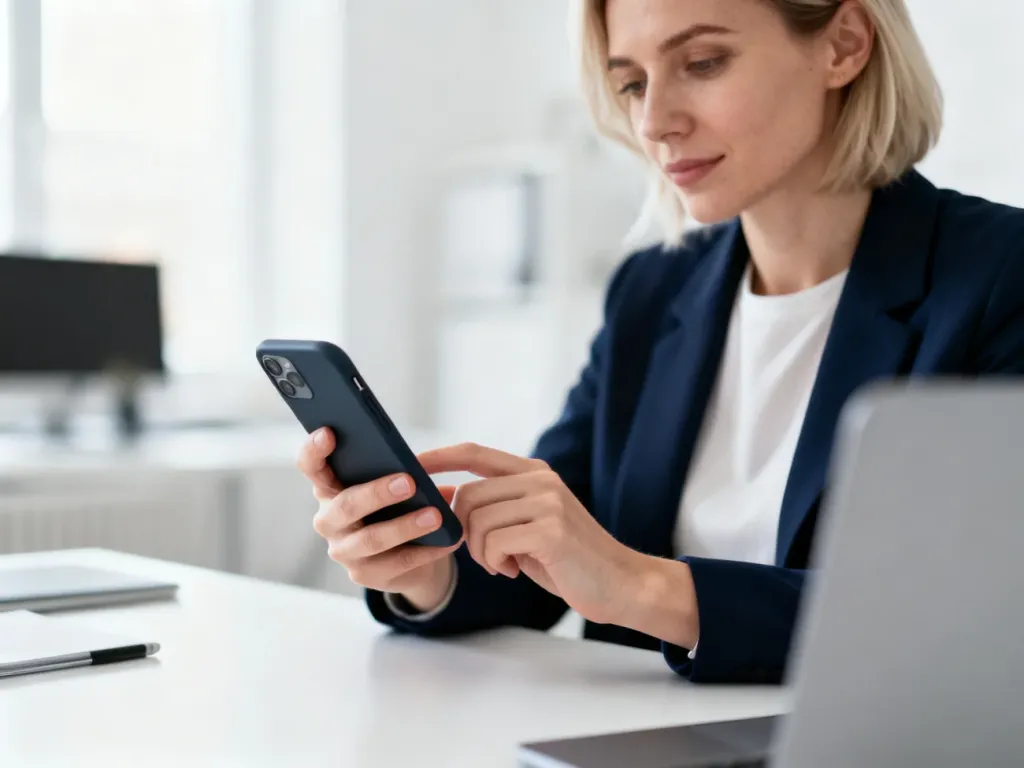 Kobieta w jasnym biurze spokojnie sprawdza telefon, co ilustruje bezpieczne korzystanie z bankowości mobilnej Pekao.