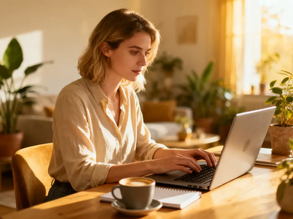 Kobieta pracująca przy laptopie w przytulnym domowym biurze, co ilustruje możliwości pracy zdalnej dla mam.