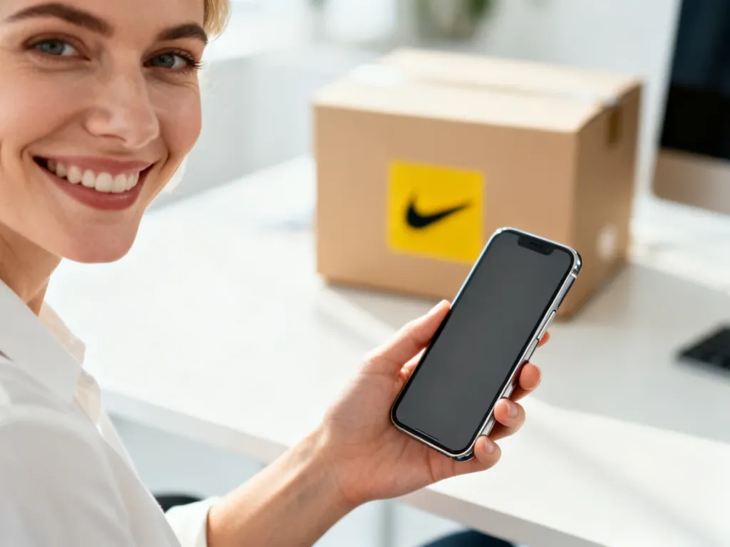 Uśmiechnięta konsultantka z telefonem w jasnym biurze, obok której znajduje się paczka DHL.