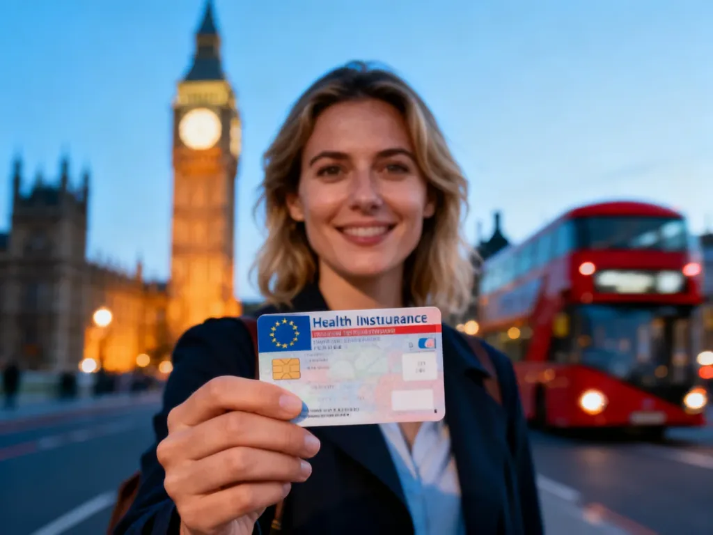 Kobieta trzymająca kartę EKUZ na tle panoramy Londynu z Big Benem i charakterystycznym czerwonym autobusem.