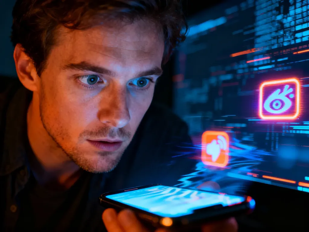 Mężczyzna wpatrzony w świecący ekran smartfona w ciemnym pokoju, otoczony chaotycznymi cyfrowymi ikonami.
