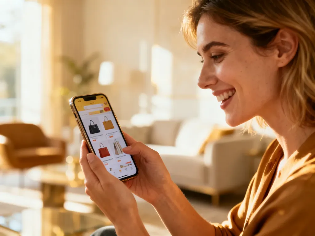 Uśmiechnięta kobieta przeglądająca ofertę sklepu internetowego na smartfonie w nowoczesnym salonie.