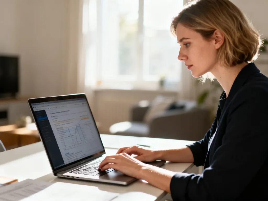Kobieta pracująca przy laptopie w nowoczesnym biurze, aktualizująca dokumenty firmowe online.