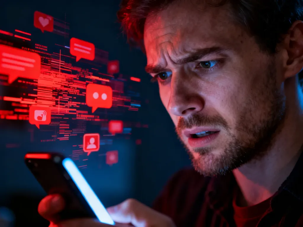 Mężczyzna w ciemnym pokoju z frustracją patrzy na smartfon, otoczony cyfrowymi ikonami powiadomień i efektami glitch.