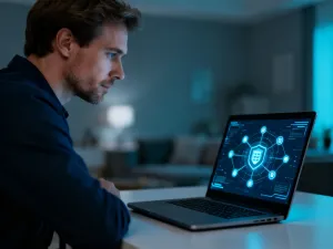 Mężczyzna korzystający z laptopa w nowoczesnym wnętrzu, obsługujący panel zarządzania energią w systemie eBOK.