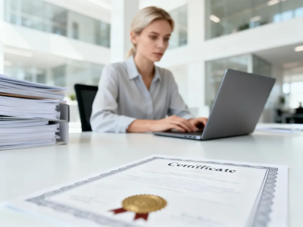 Skupiona bizneswoman przy biurku z certyfikatem jakości, symbolizująca profesjonalizm i wdrożenie systemu ISO 9001.