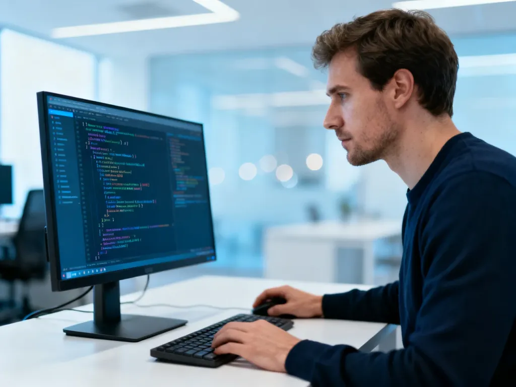Programista skupiony na pisaniu kodu w nowoczesnym biurze, pracujący nad rozwiązaniami programistycznymi.